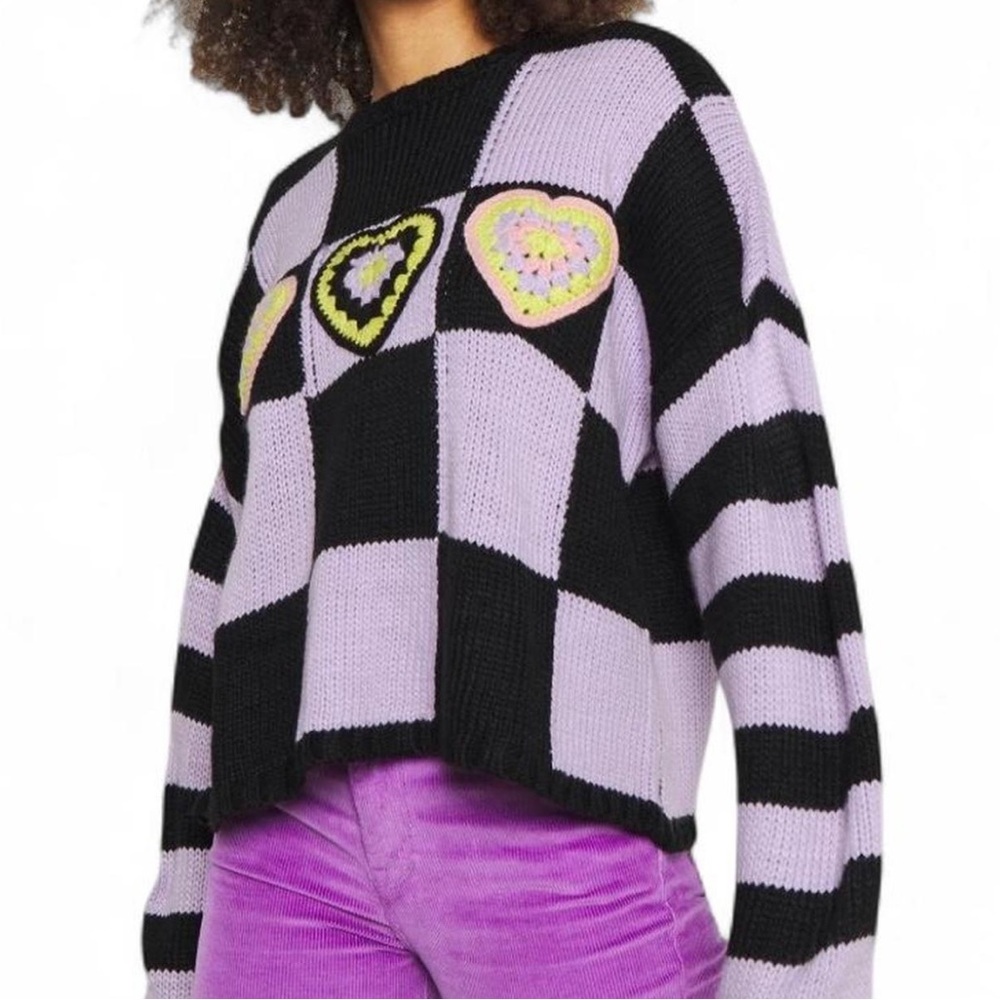 Ragged Priest Buddy Hearts Purple and Black Crewneck Knit Sweater - Picture 4 of 8
